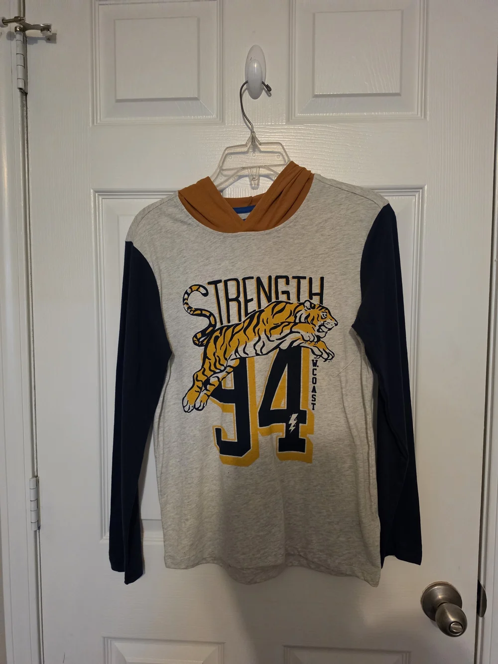 Old Navy Boys' Tiger 'Strength 94' Hooded Long Sleeve Tee - Navy, Gray & Mustard